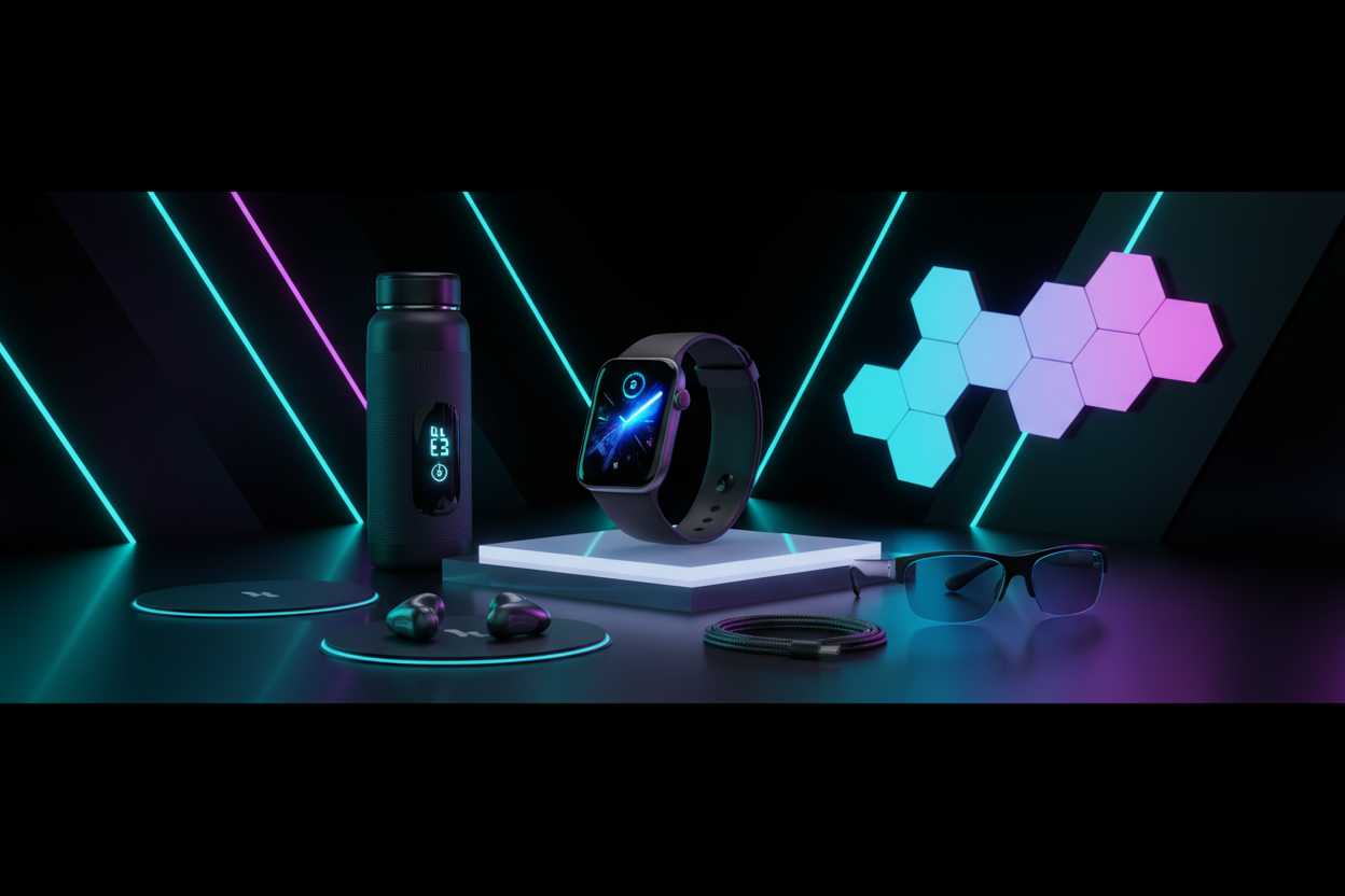Premium smart gadget ecommerce hero banner. Includes smartwatch, smart water bottle, smart home lights, wireless chargers and tech accessories arranged in a futuristic product showcase. Dark background with neon teal and purple glow, modern reflections, high contrast, soft professional lighting. Ultra high definition, clean, minimal, premium tech brand aesthetic, 16:9 wide website banner, no text.”