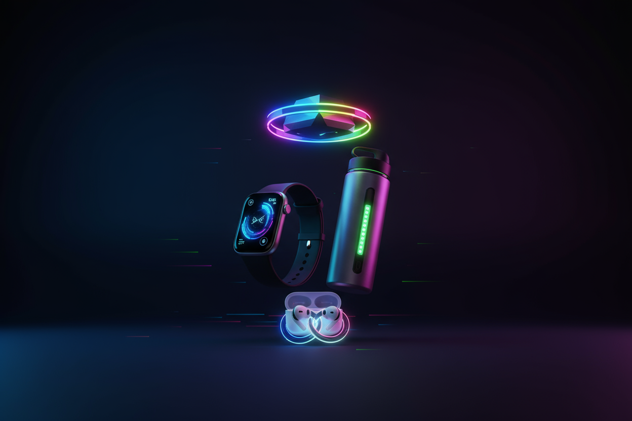 “Responsive ecommerce hero banner image showing high-end smart gadgets (smartwatch, smart water bottle, smart light, wireless tech), centered product composition, no text, futuristic neon glow on a dark gradient background, high contrast, ultra HD, wide 16:9 ratio, suitable for desktop and mobile.”